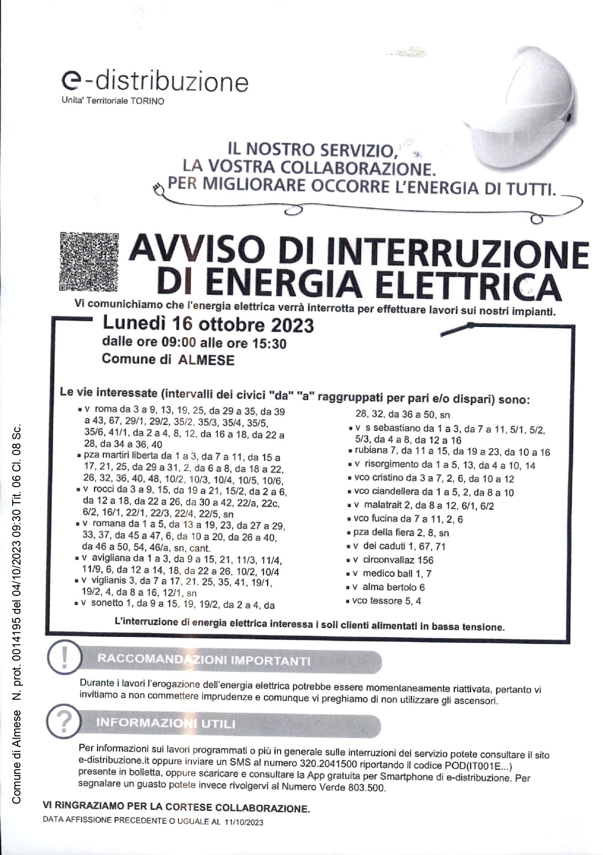 Avviso di interruzione di energia elettrica - Comune di Traversetolo